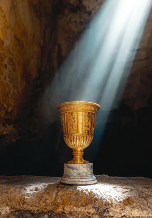 A golden chalice sits in a cave illuminated by a beam of light.の素材