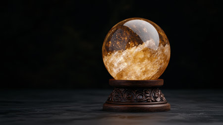 Crystal ball on a wooden stand against a dark background.の素材