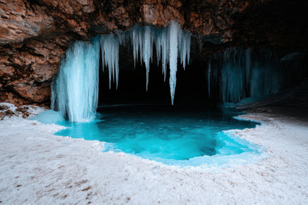 Ice cave with frozen lake and icicles.の素材