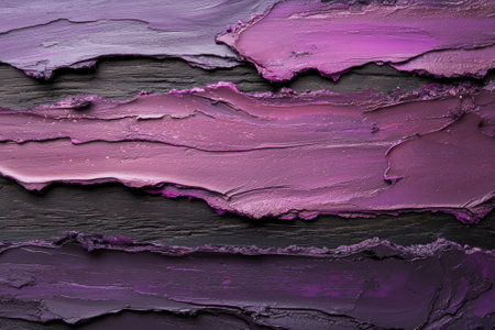 Close-up of purple lipstick swatches on a textured surface.の素材