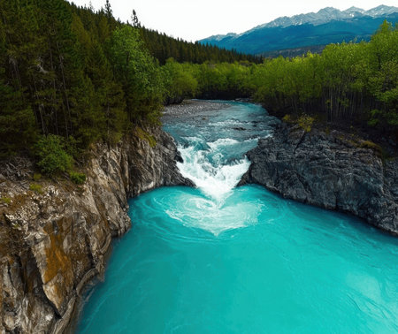 Turquoise river flowing through a rocky landscape with mountains in the background.の素材