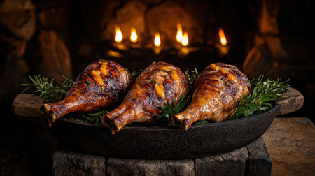 Roasted turkey legs with rosemary and orange garnish presented on a rustic platter in front of a fireplace.の素材