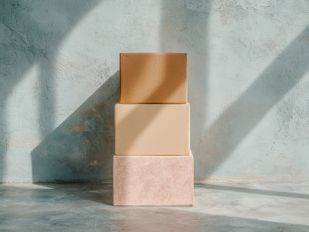 Stacked cardboard boxes against a textured wall with shadows.の素材