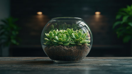 Succulent plants in a glass terrarium on a wooden table.の素材