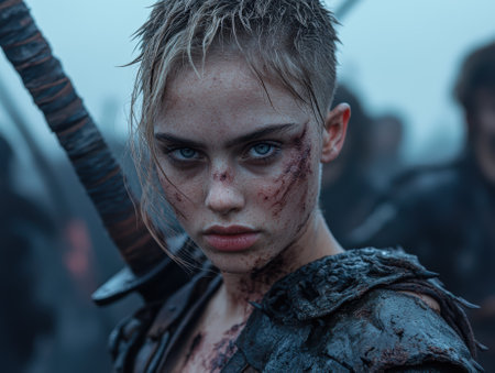 Female warrior with a sword and battle scars.の素材