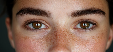 Close-up of a woman's face with freckles and brown eyes.の素材