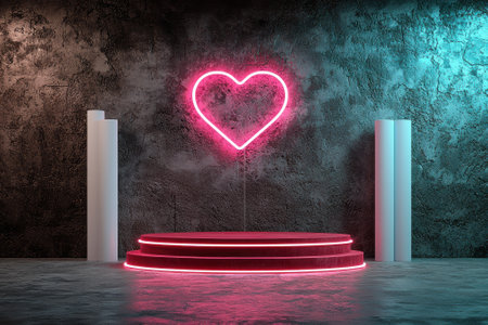 Neon heart on a pedestal in a dark room.の素材