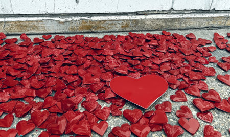 A collection of red heart decorations on the ground.の素材