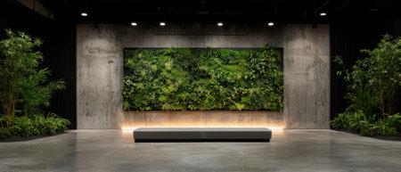 Modern interior with a living green wall and bench.の素材