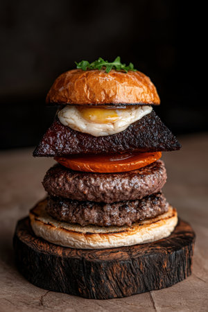 Elevated burger with egg and black pudding on a wooden board.の素材