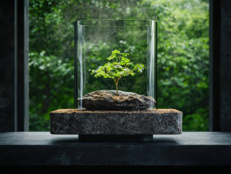 Small tree growing in a glass terrarium.の素材