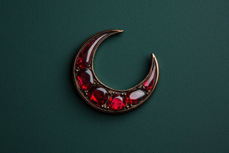 Crescent moon jewelry with red gemstones on a dark green background.の素材