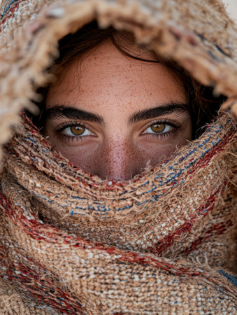 Close up portrait of a woman wrapped in a textured shawl.の素材