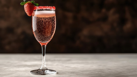 Elegant champagne flute with strawberry garnish and sugared rim.の素材