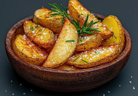 Roasted potato wedges with rosemary and sea salt in a wooden bowl.の素材