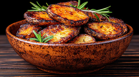 Roasted potatoes with rosemary in a wooden bowl.の素材