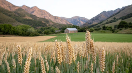 Golden wheat field in a valley with mountains in the background.の素材