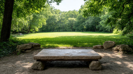 Stone bench in a peaceful green park setting.の素材