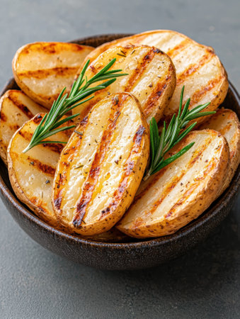 Grilled potato slices with rosemary in a bowl.の素材