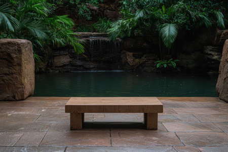 Stone bench overlooking a tranquil pond with a waterfall in a lush garden.の素材