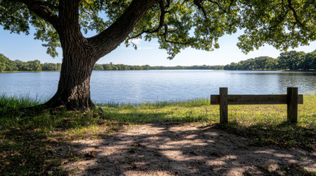 Scenic view of a lake with a tree and wooden fence.の素材