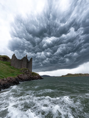 Dramatic storm clouds over a castle ruin on the coast of Scotland.の素材