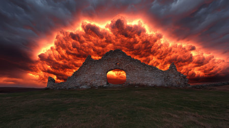 Dramatic sky over ancient ruins, with a fiery glow.の素材
