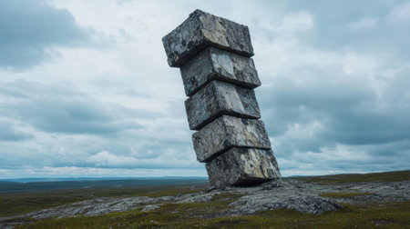 A precarious stack of stone blocks balances in a remote landscape under a cloudy sky.の素材