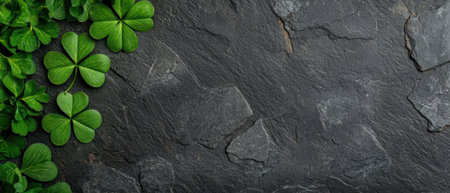 Green shamrocks on a dark stone background for St. Patrick's Day.の素材