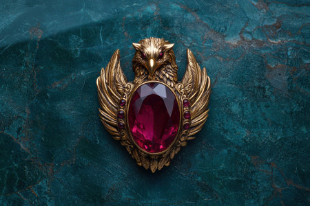 Golden eagle brooch with ruby on a blue green marble background.の素材