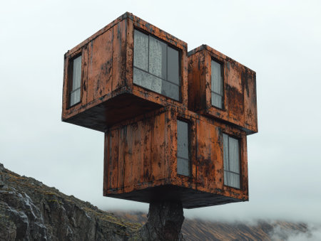 Modern architecture featuring stacked rusty containers.の素材