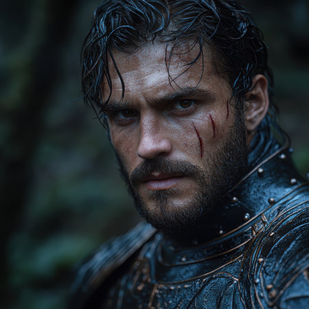 A warrior with battle scars in dark armor.の素材