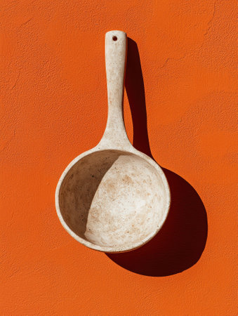 Rustic ceramic ladle against an orange background.の素材