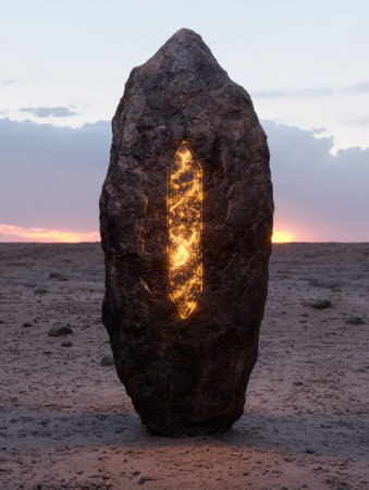 Mystical stone monolith with glowing energy in a desert landscape at sunset.の素材