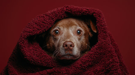 A cute dog wrapped in a red blanket.の素材