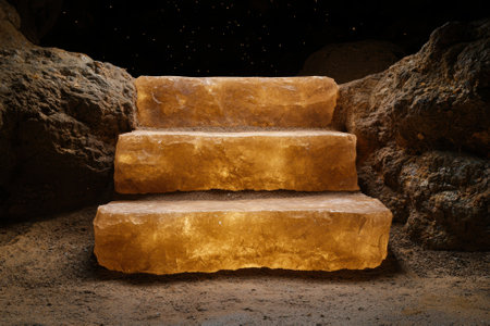 Illuminated stone steps leading up into the darkness.の素材