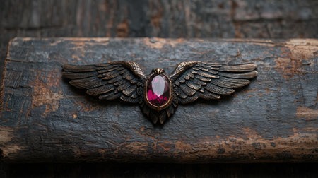 A vintage brooch with a red gem on a wooden surface.の素材