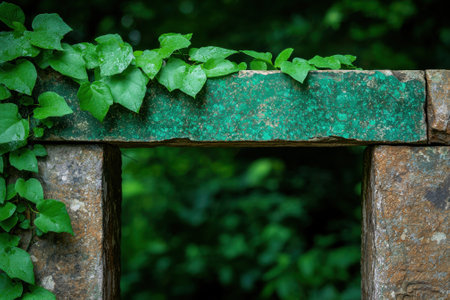 Stone archway covered in lush green vines in a garden.の素材