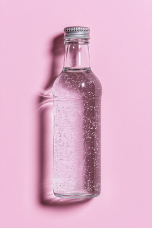 Sparkling water bottle on pink background.の素材