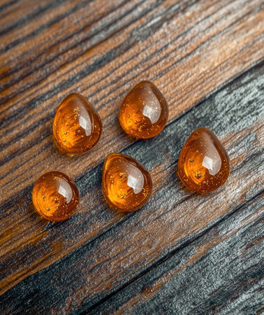 Five amber gemstones on a wooden surface.の素材