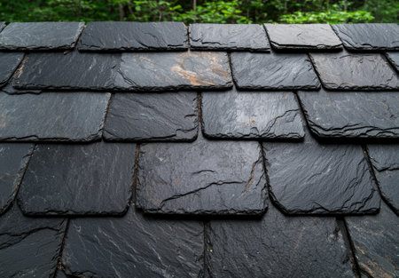 Close-up of a slate roof with a forest in the background.の素材