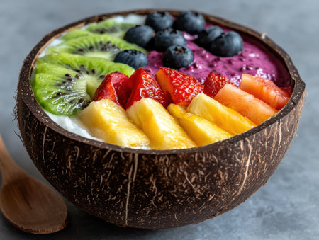 A vibrant fruit bowl filled with fresh, colorful fruits.の素材