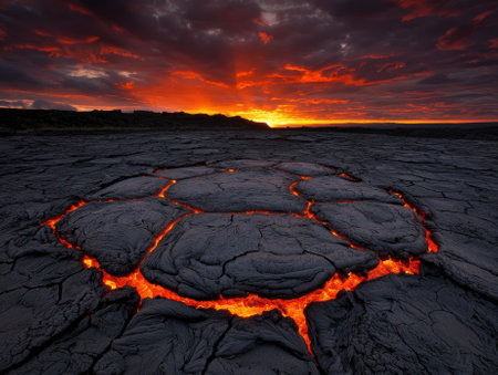 Dramatic lava field with a fiery sunset.の素材