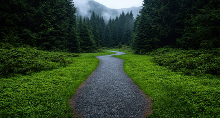 A winding path through a lush green forest.の素材