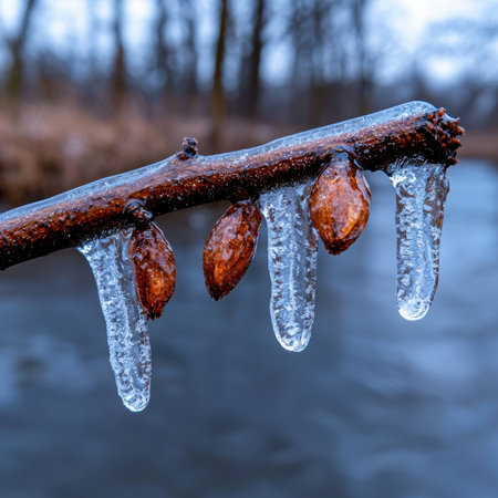 Frozen branch with ice covered buds hanging over a stream.の素材