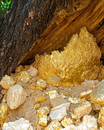 A large gold nugget found in a tree root.の素材