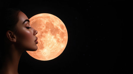 Woman's profile with a full moon in the background.の素材