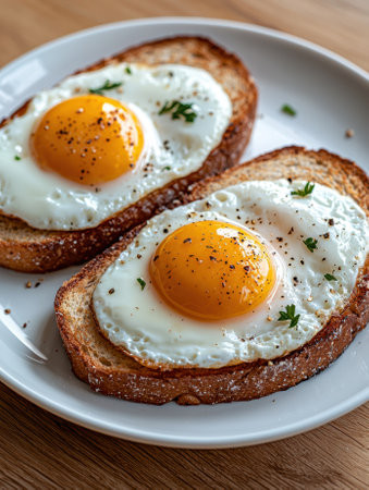 Two fried eggs on toast, seasoned with pepper and herbs, served on a white plate.の素材