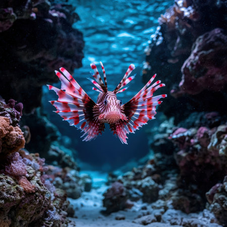 A vibrant lionfish swims in a coral reef.の素材