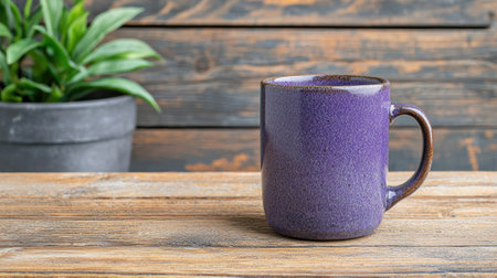 Purple mug on a rustic wooden table with a plant.の素材